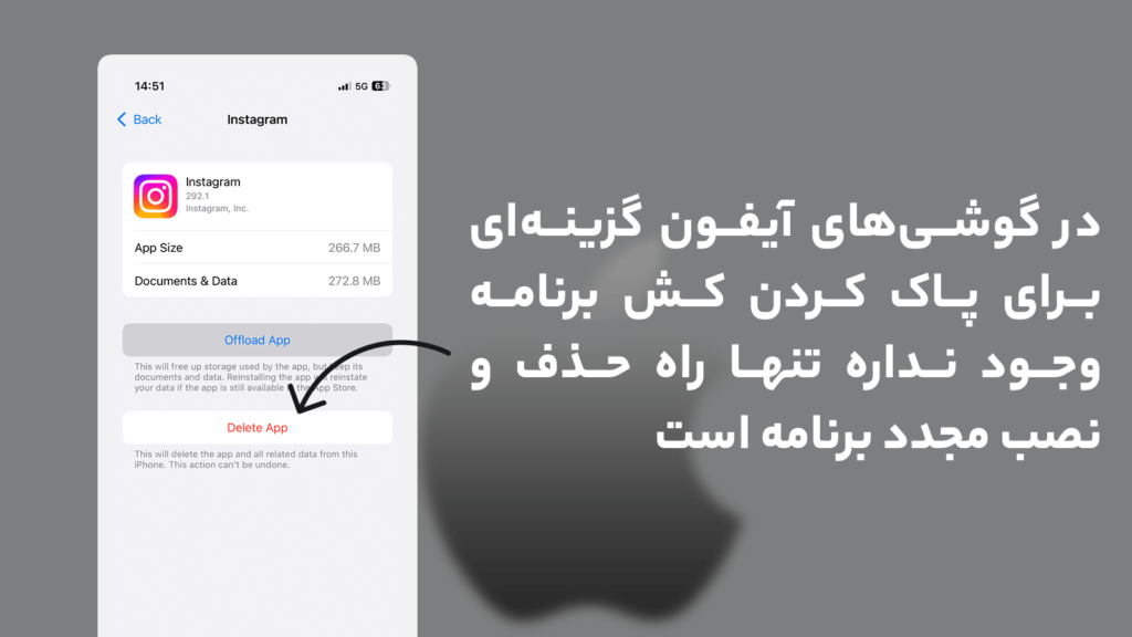 در گوشی‌های آیفون گزینه‌ای برای پاک کردن کش برنامه وجود نداره تنها راه حذف و نصب مجدد برنامه است